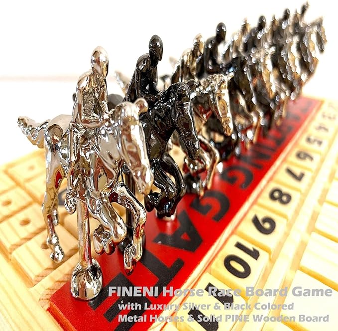 Horse Racing Game for Adults Luxurious Metal Horses (Silver Black) on 16' Pine Wood Board Dice &amp Card Included