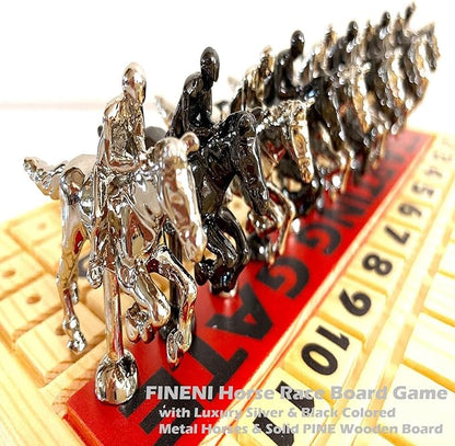Horse Racing Game for Adults Luxurious Metal Horses (Silver Black) on 16' Pine Wood Board Dice &amp Card Included