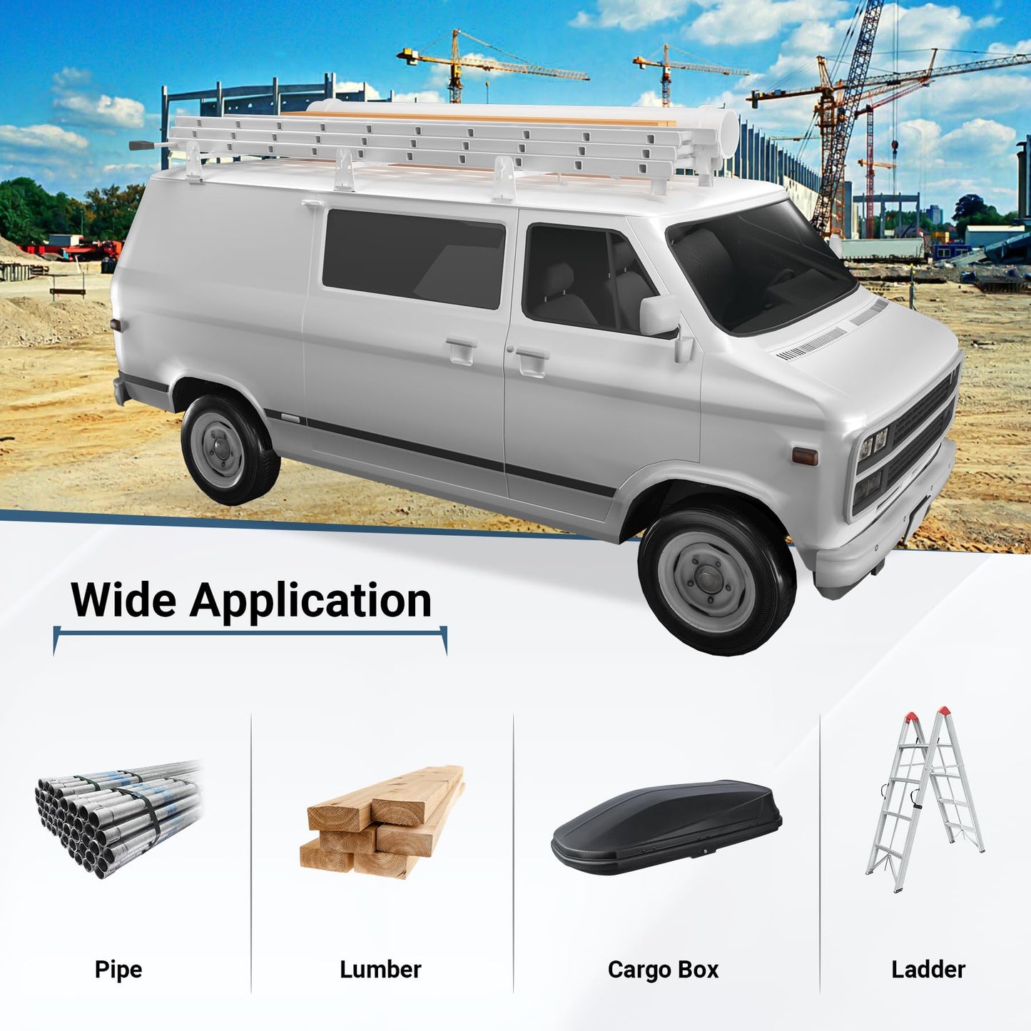 Neorexon Universal Van Roof Rack 3 Bar Set, Adjustable Length 41.5''- 70'', Van Roof Ladder Rack Fit for Chevy Express 1500 2500 3500 Ford Econoline GMC Savana Cargo Vans with Rain Gutter, White