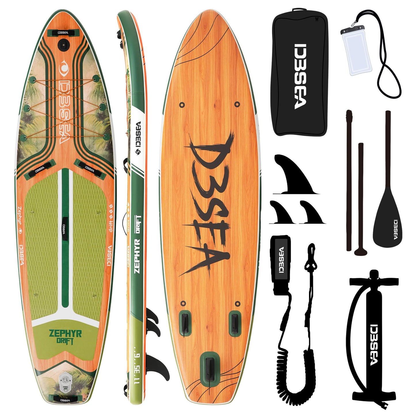 D3SEA 11'35" Extra Wide Inflatable Paddle Board with Non-Slip EVA Deck & Accessories Kit, Stable All Around SUP for All Skill Levels – for Yoga, Fishing, Youth & Adults, 370 lbs - Jungle Timber