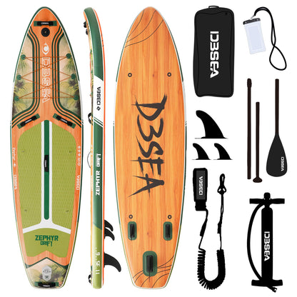D3SEA 11'35" Extra Wide Inflatable Paddle Board with Non-Slip EVA Deck & Accessories Kit, Stable All Around SUP for All Skill Levels – for Yoga, Fishing, Youth & Adults, 370 lbs - Jungle Timber