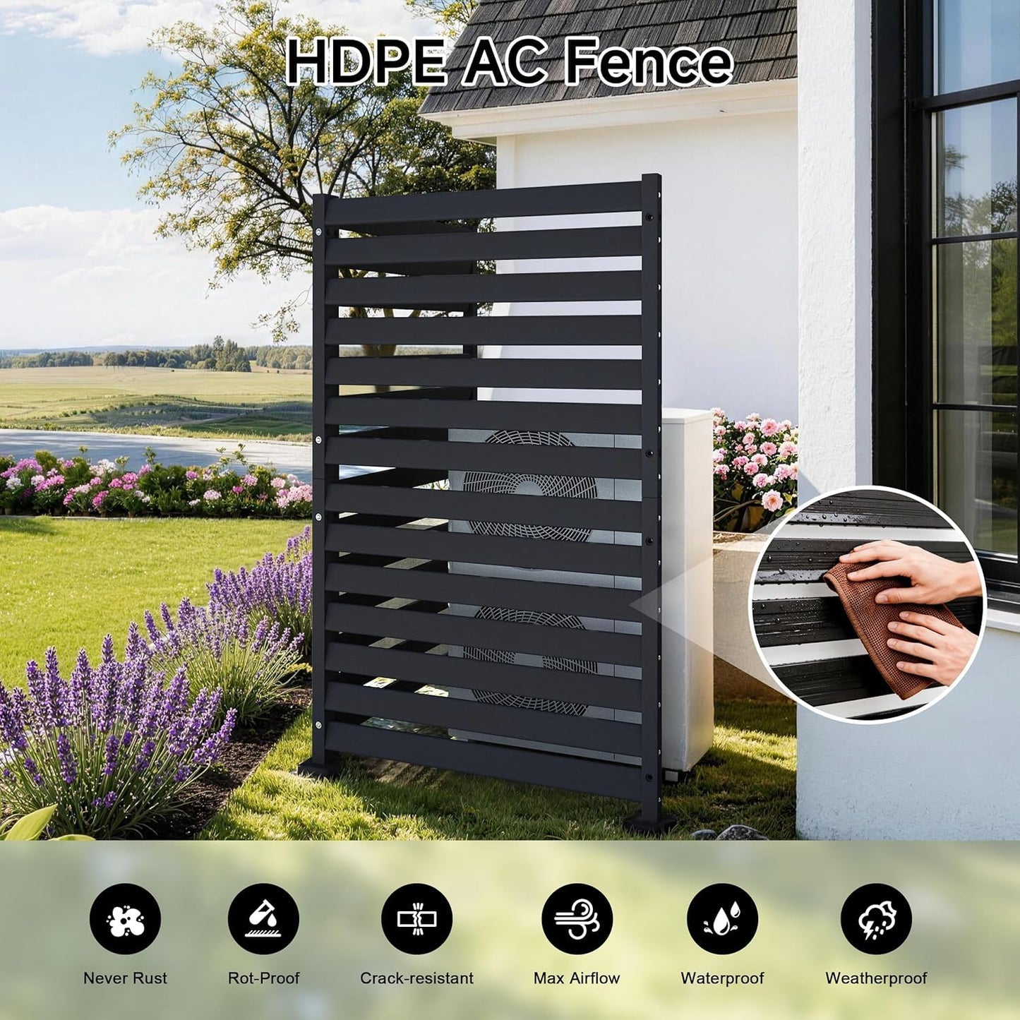 Air Conditioner Fence 1 Panel, 60" H x 38" W HDPE Privacy Fence Panel, Outdoor Privacy Fence Screen with Metal Stakes, Pool Equipment Enclosure & Trash Can Enclosure (Slanted 38" W x 60" H (1 Panel))