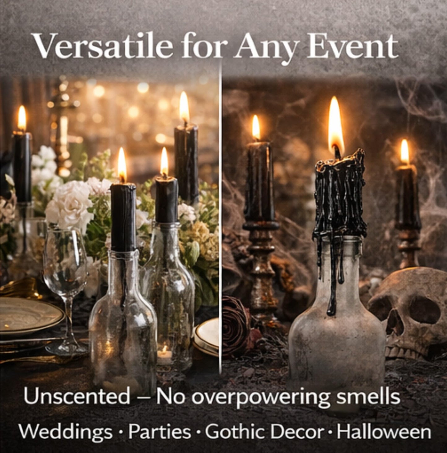 Black Drip Candles 6 Pack – Unscented Wax Candle Sticks for Weddings, Parties, Gothic & Halloween Decor – 6.5″ Tall Slow Drip Candles for Wine Bottles & Events