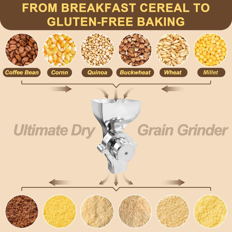 Premium All-Metal Grain Mill Attachment for KitchenAid Stand Mixers, 12-Level Adjustable Flour Mill Grinder for Wheat, Oats, Corn, Rice, Non-Oily Dry Grains - Includes Cleaning Brush