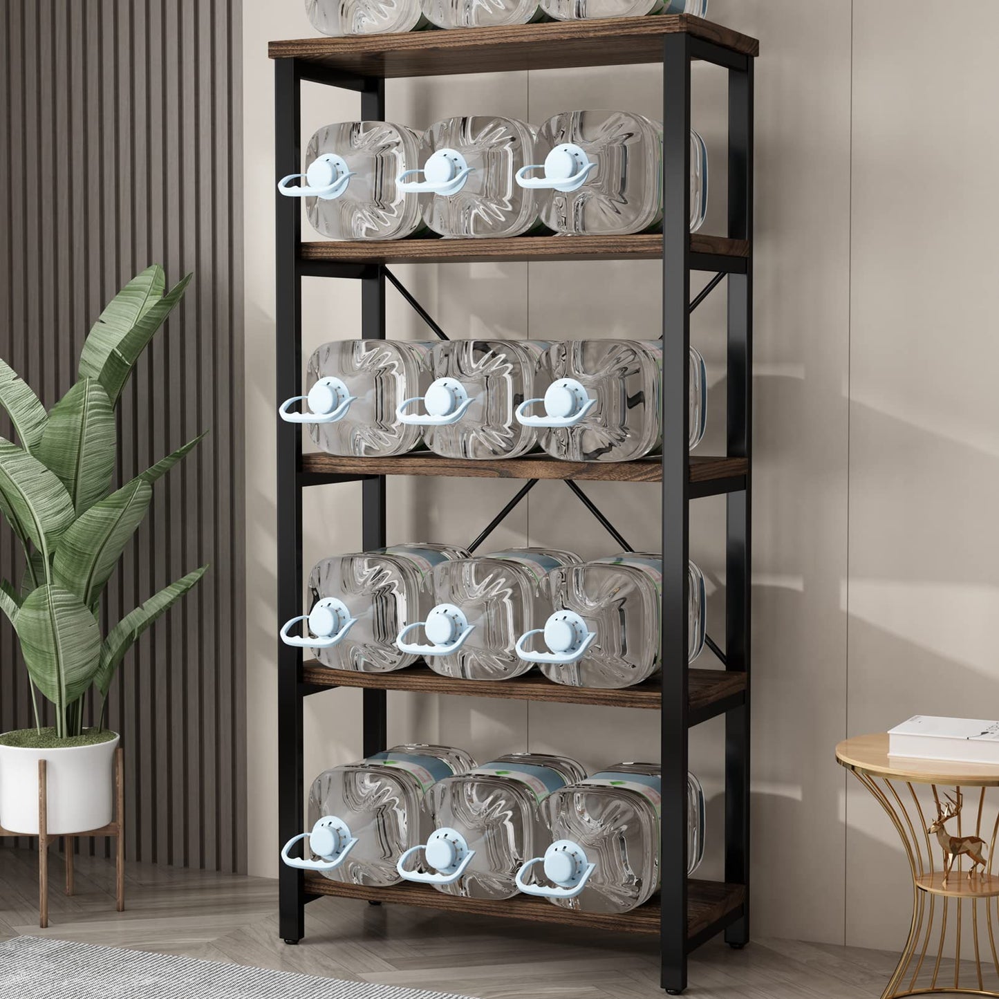AY-AOYUAN 5 Tier Industrial Solid Wood Bookshelf, Open Etagere Bookcase with Metal Frame, Vintage Industrial Style Bookcase/Metal and Wood Bookshelf Furniture (AY01-5tier)