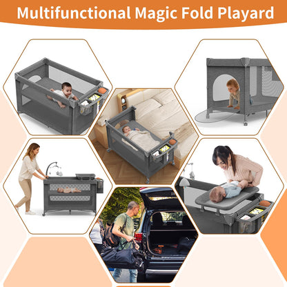 4 in 1 Baby Bassinet, Pack and Play with Mattress, Baby Crib with Wheels and Mosquito Net, Bedside Sleeper with Changing Pad, Portable Playpen Foldable Playard for Babies and Toddlers
