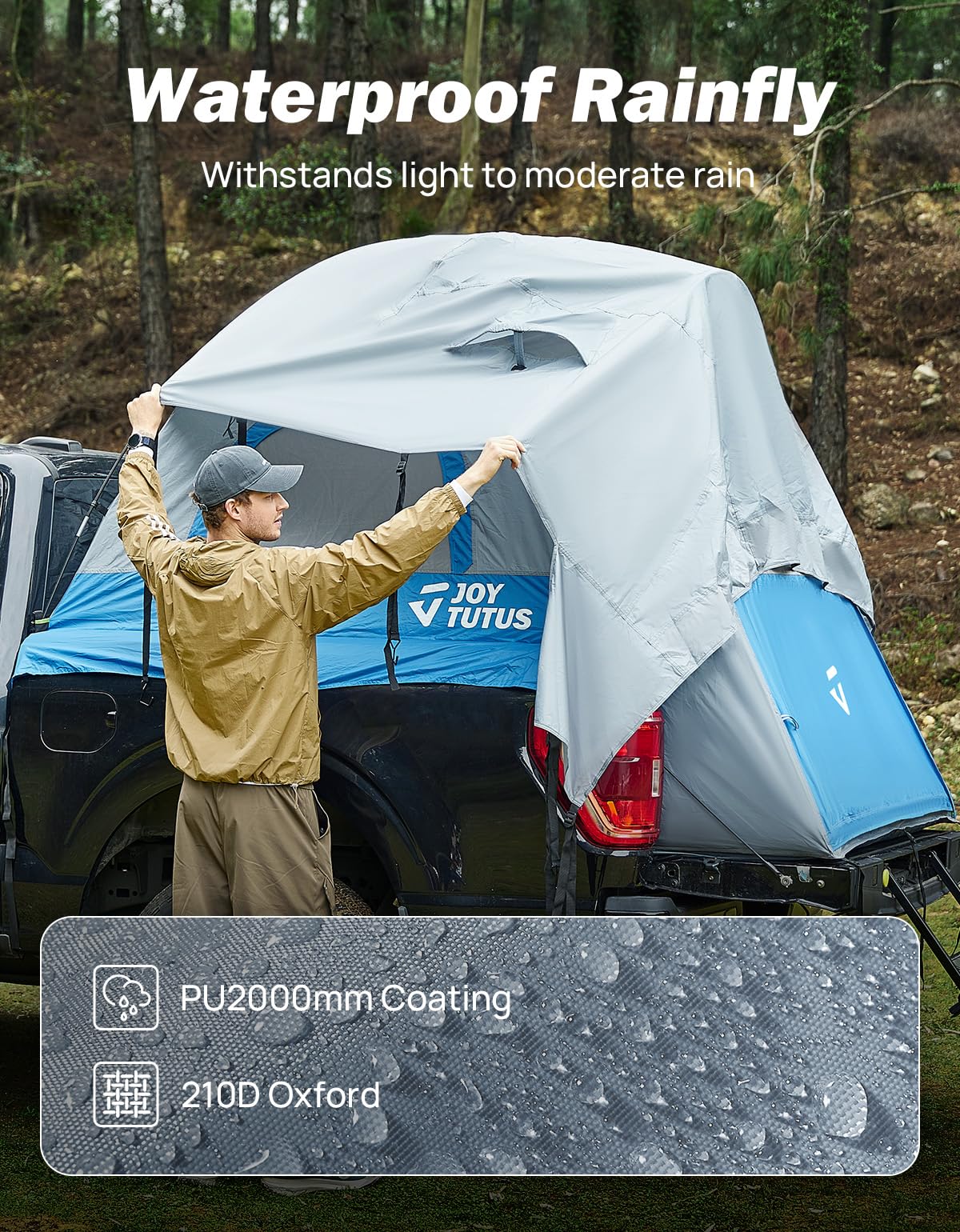 JOYTUTUS Truck Tent, Portable Truck Bed Tent with Rainfly, Truck Tent for 6.0'-6.3' with Fiberglass Pole, Waterproof PU2000mm Double Layer for 2 Person - Blue
