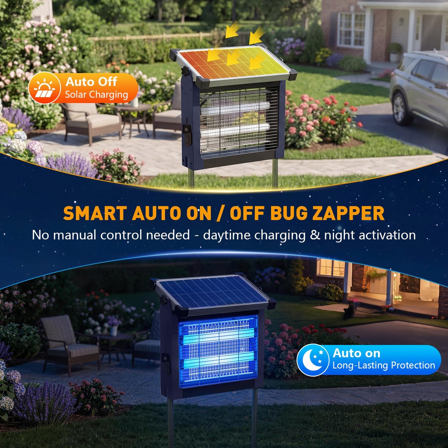 Solar Bug Zapper Outdoor, 4500V Solar Mosquito Zapper for Outdoor & Indoor, 1/2 Acre Coverage Cordless Rechargeable Electric Fly Zapper, IPX5 Waterproof Mosquito Traps for Backyard, Patio, Camping