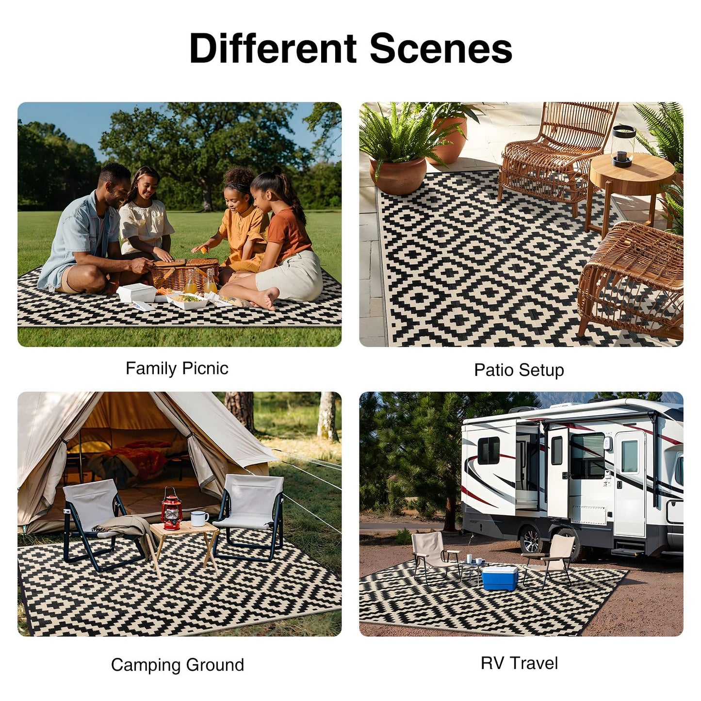 OLANLY Waterproof Outdoor Rug 10x14 ft, Outdoor Plastic Straw Rug for Camping, RV Mat Outside, Outdoor Carpet for Porch, Deck, Backyard, Balcony, Picnic, Black & Beige