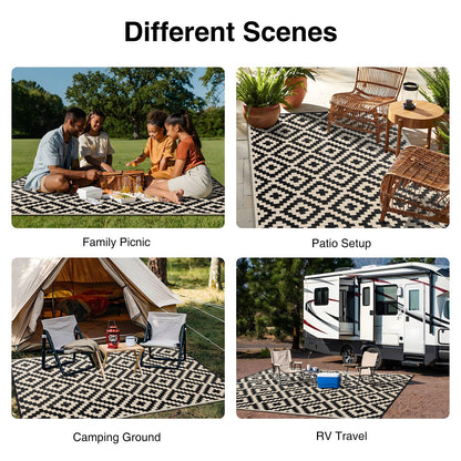 OLANLY Waterproof Outdoor Rug 10x14 ft, Outdoor Plastic Straw Rug for Camping, RV Mat Outside, Outdoor Carpet for Porch, Deck, Backyard, Balcony, Picnic, Black & Beige
