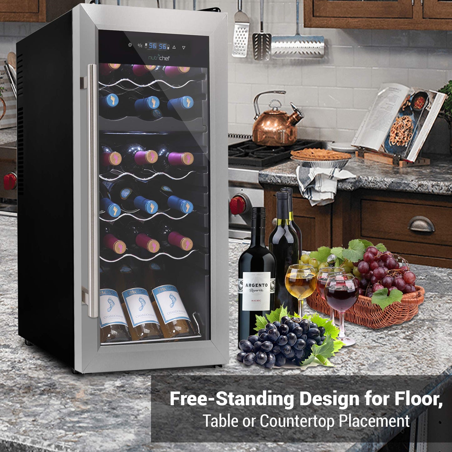 NutriChef 18 Bottle Wine Fridge | Dual Zone Wine Chiller | Adjustable Temperature 41°F to 64°F | Ultra Quiet Operation | Wine Cooler For Home & Office | Free Standing 32x13x19 IN | Black