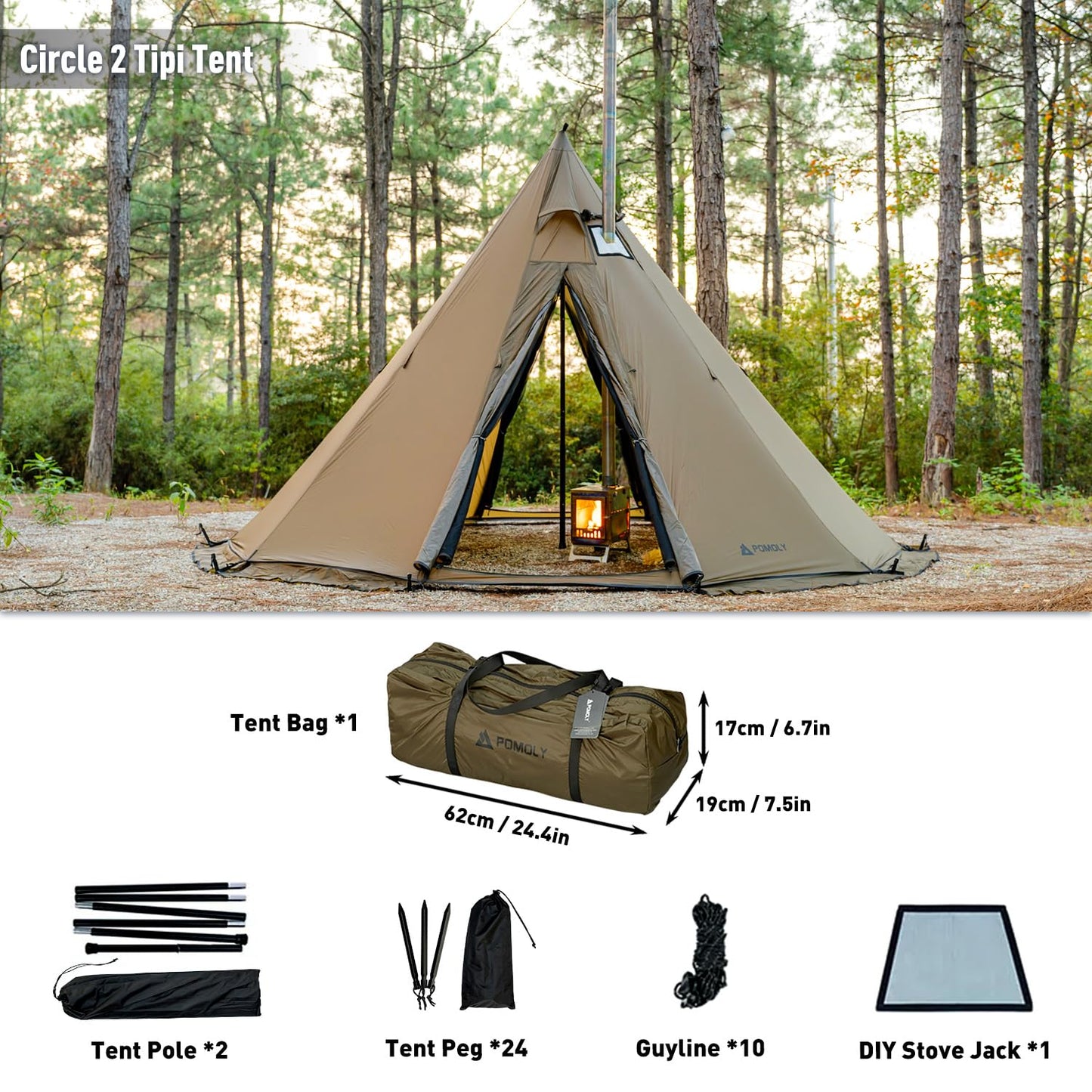 POMOLY Tipi Tent Camping Hot Tent, Circle 2 Portable Pyramid Wood Stove Tents for 2 Person Hiking, Hunting, Backpacking (Circular Braces)