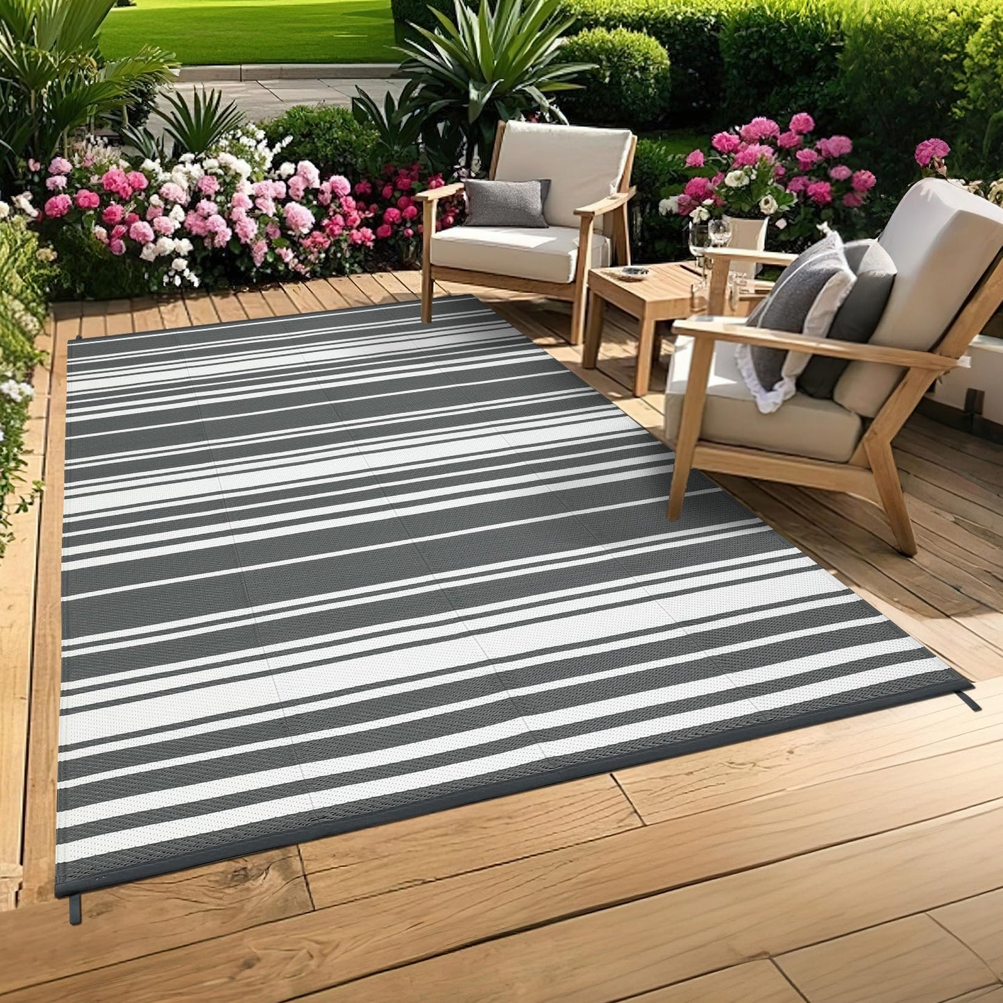 GarveeHome Outdoor Rug Mat for Patio, 9x18 Plastic Straw Rug, Modern Striped Outdoor Camping Rugs for Patio, RV, Porch, Deck, Backyard, Balcony, Camping, Trailer (Grey)