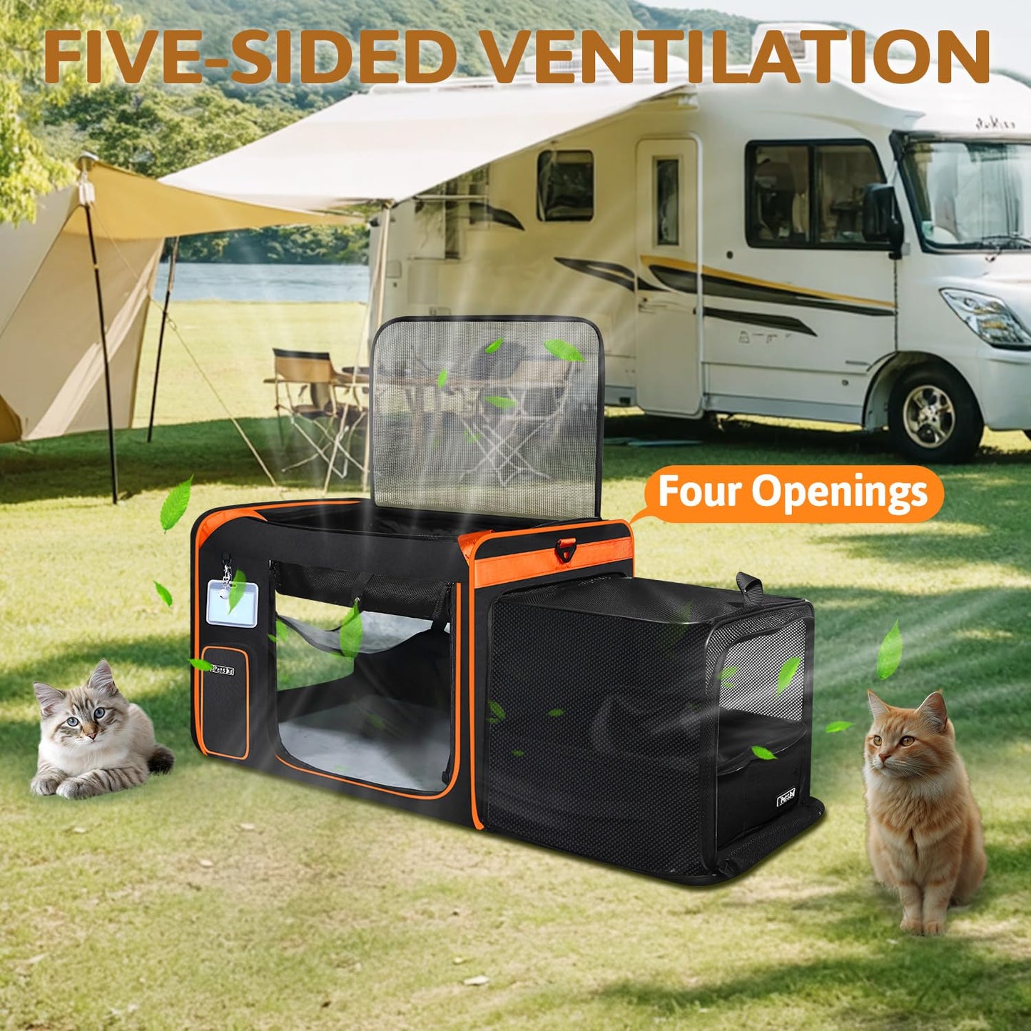 Petskd Side Expandable Extra Large Cat Carrier with Litter Box Area for Long Distance Car Travel,24"x17"x17" Collapsible Soft-Sided Large Pet Carrier with Zipper Locks for 2 Cats Under 55LBS(Black)