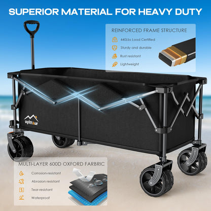 Uyittour 300L Extra Large Collapsible Foldable Wagon, 440lbs Load Capacity 48''L Extended Heavy Duty Folding Beach Wagon with Big All-Terrain Wheels, Utility Garden Cart for Outdoor Activities, Black