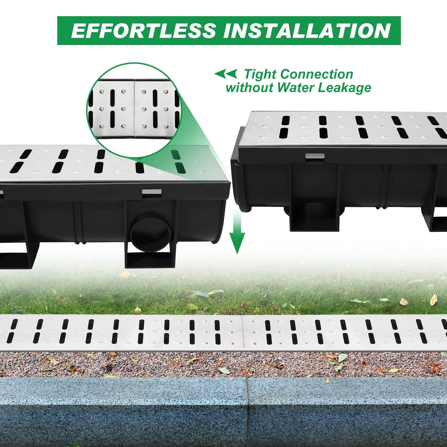 Amylove 3 Set Black Driveway Channel Drain with Stainless Steel Grate and Plastic End Caps 39.4 x 5.9 x 5.1 Inches, Outdoor Garage Floor Drainage Trench Systems for Lawn Landscaped Garden Pool