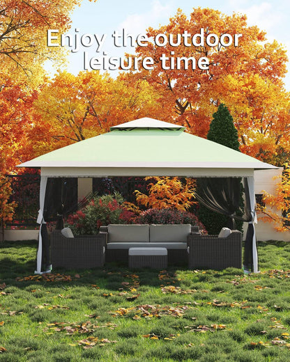 Garveelife Canopy Tent 13x13, Pop Up Gazebo Tent Easy Setup with 4 Sand Bags for Backyard Garden Patio, Mosquito Netting & Height Adjustable - Olive Green