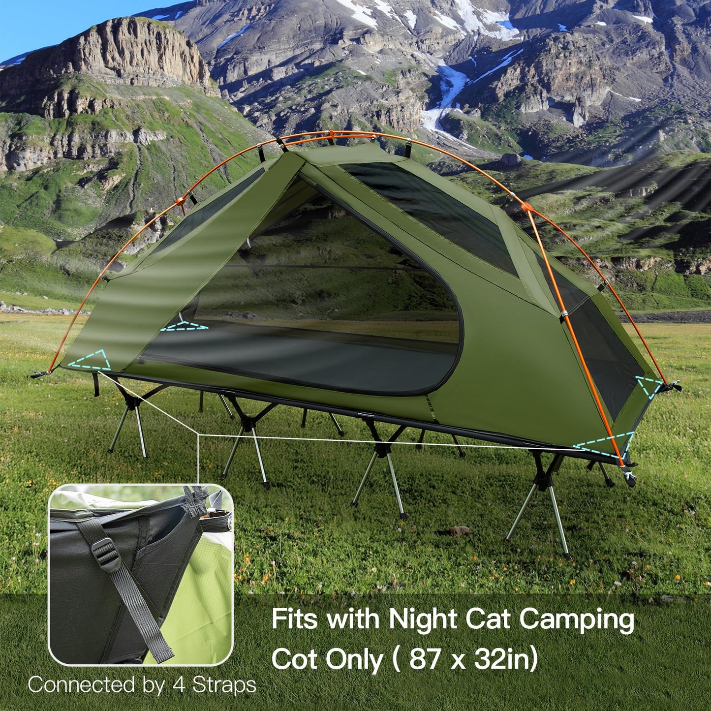 Night Cat Camping Cot Tent - Waterproof 1-Person Off-Ground Combo Cot Bed for Adults Portable Easy Set-up Tent Green 31.5'' Width