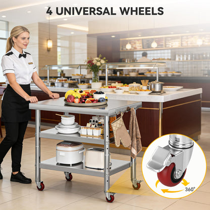 DWVO 30x24in Stainless Steel Table, NSF Metal Prep Worktable with 2 Adjustable Shelves & Wheels for Kitchen Restaurant Hotel Garage Warehouse Home