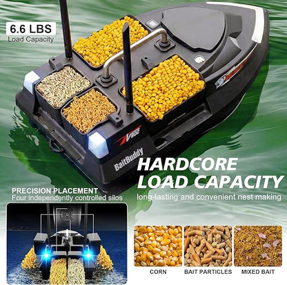 RC Bait Boat with Line Drop for Adult Cruise Control 4 Bait Slot 6.6LBS Loading 12000mAh Battery and Motors 1640FT Range Remote Control Fish Boat with LED Light Hook Release &amp Backpack(Black)
