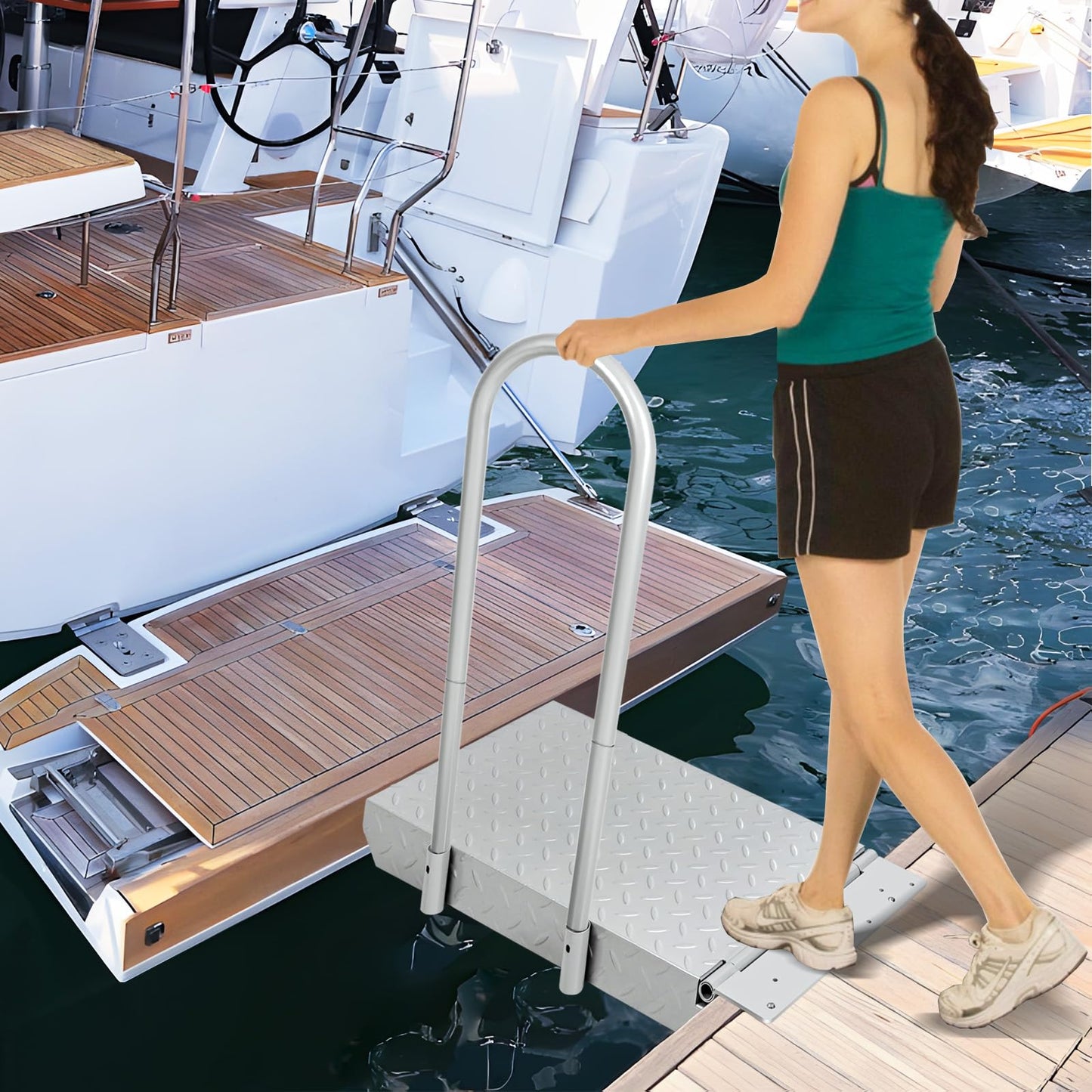 HomiShare Boat Boarding Platform with Handrail, Dock Extension Step with Safety Grab Bar, Folding Dock Boarding Platform for Marina, Dock, Deck, Boat, Silver