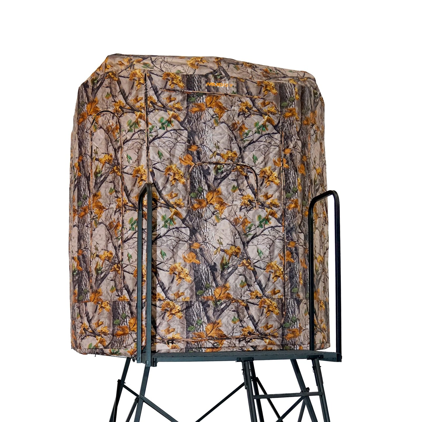Muddy Soft Side 360 Resistant Heavy-Duty Powder Coated Steel Hunting Blind - Insulated Fabric Walls, Floor Pad, Silent Zipper Window System w/Sliding Mesh Backing - 10ft Deluxe Tower Platform