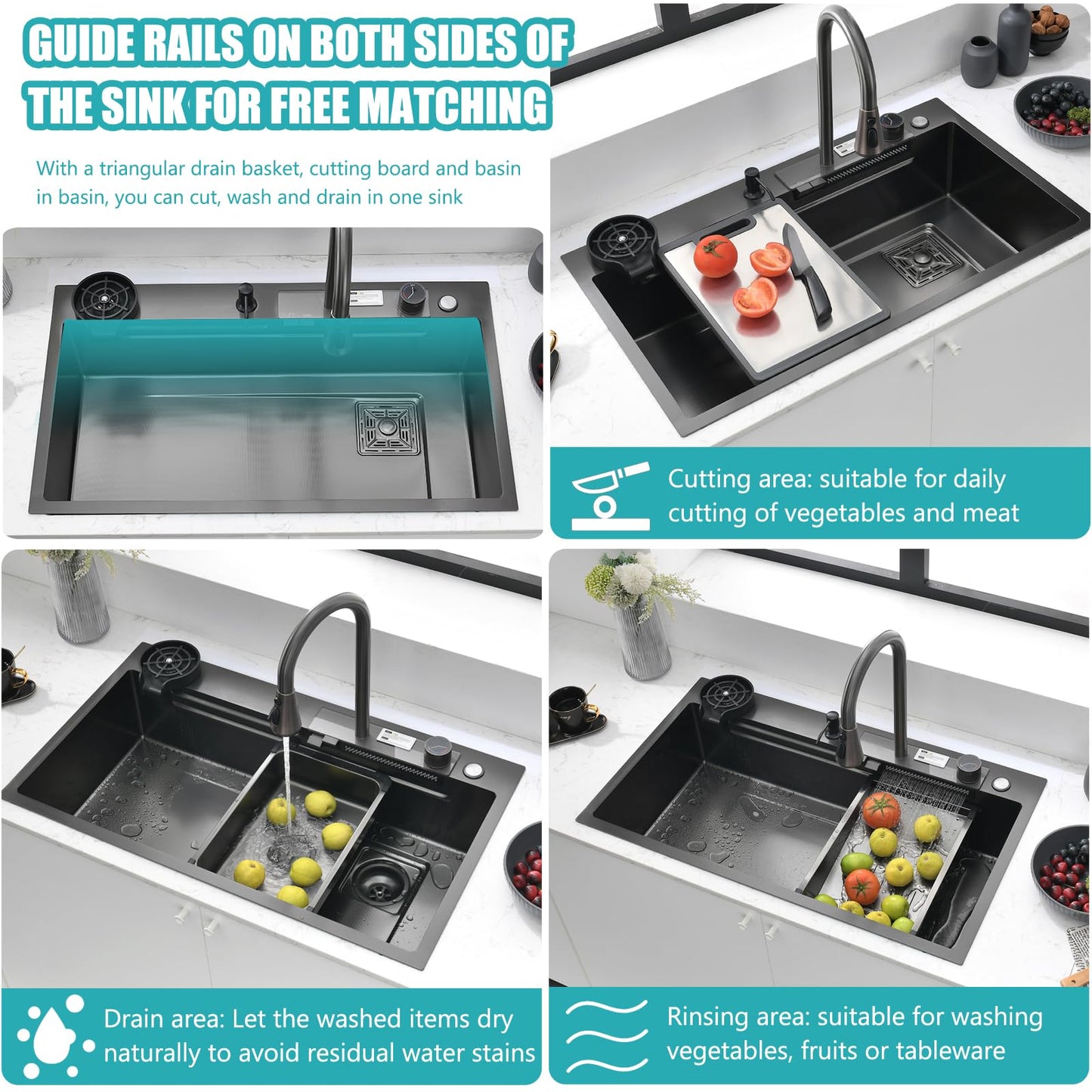 Nano Black Kitchen Single Bowl Sink Stainless Steel Waterfall Sink with Double button Pull-Out Tap,rain Basket,Cup washer, cutting board, vegetable washing basin (BLACK, 30X18")
