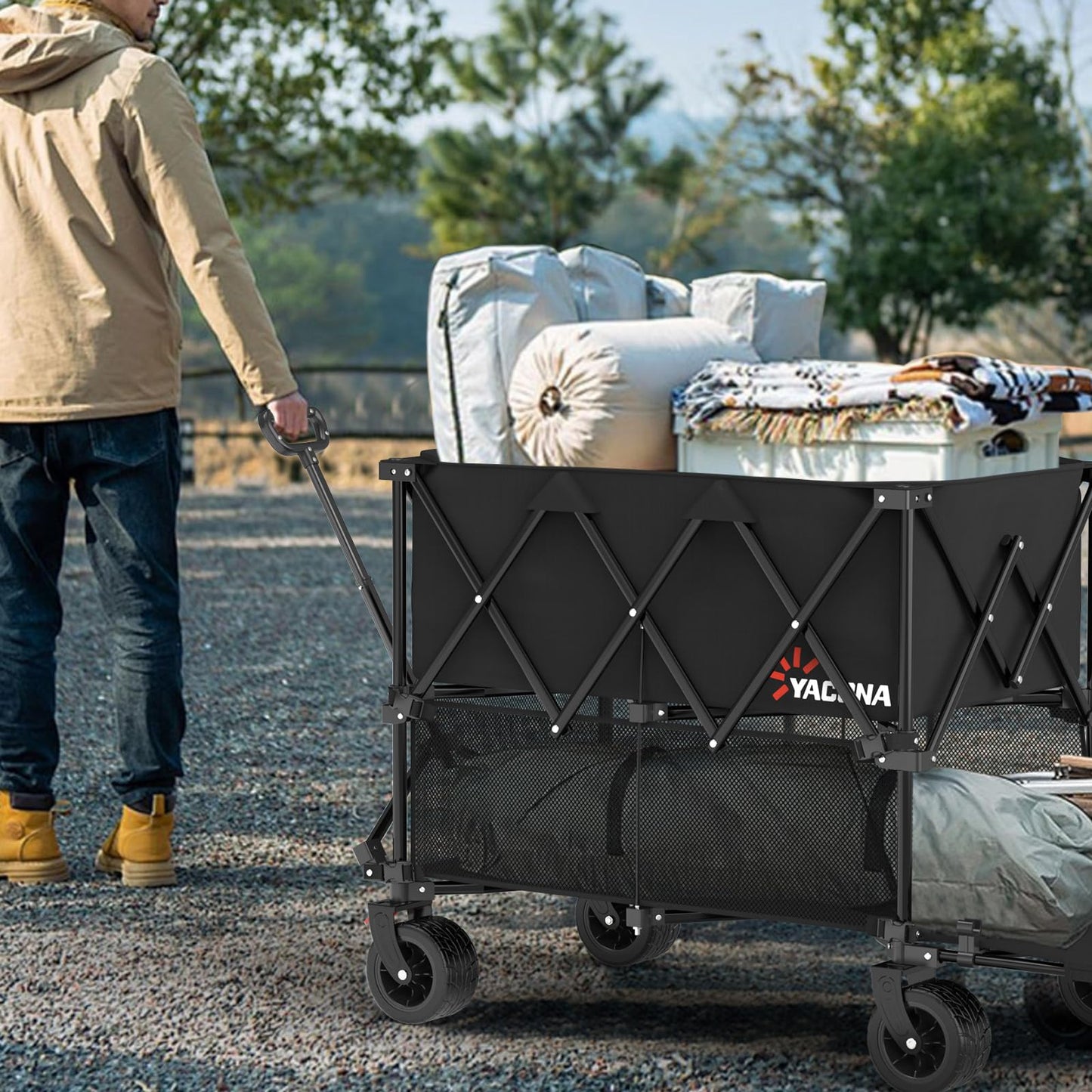 400L Large Double Decker Wagon Collapsible, 450lbs Beach Wagons Carts Foldable Heavy Duty, 55" Extended Utility Folding Cart for Camping, Garden, Sports, Grocery, Shopping