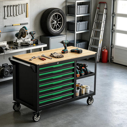 Griplier 7-Drawers Professional Tool Cart Cabinet,Rolling Tool Chest with Double Shelves,Wood Workbench,Brake Wheels,51.1W x 18.9D x 32.3H inches for Garage, Workshop, or Outdoor Use(7 Drawers)