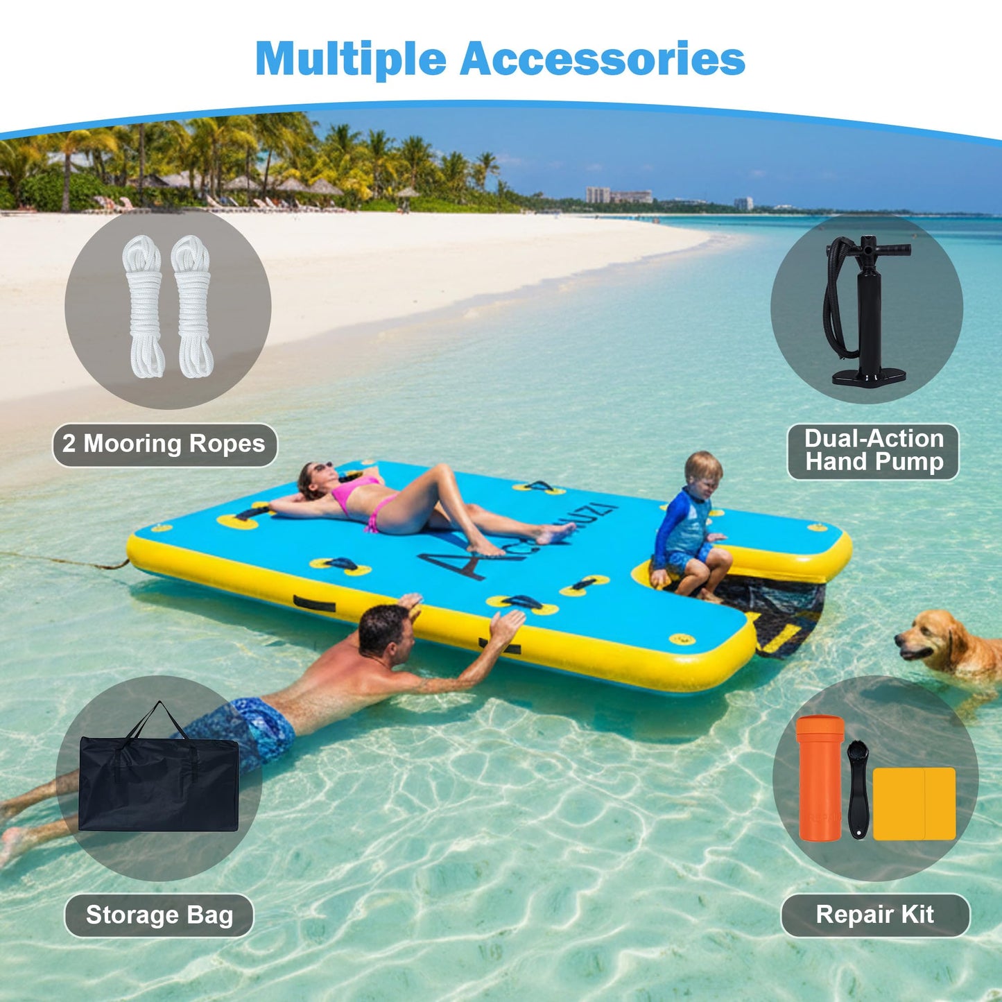 ACOMUZI Inflatable Water Platform with Dog Ramp, Heavy-Duty 6" Thick Drop Stitch Floating Dock for Pets Adults, Portable Lake Raft for Boat Pool Beach, Includes Pump