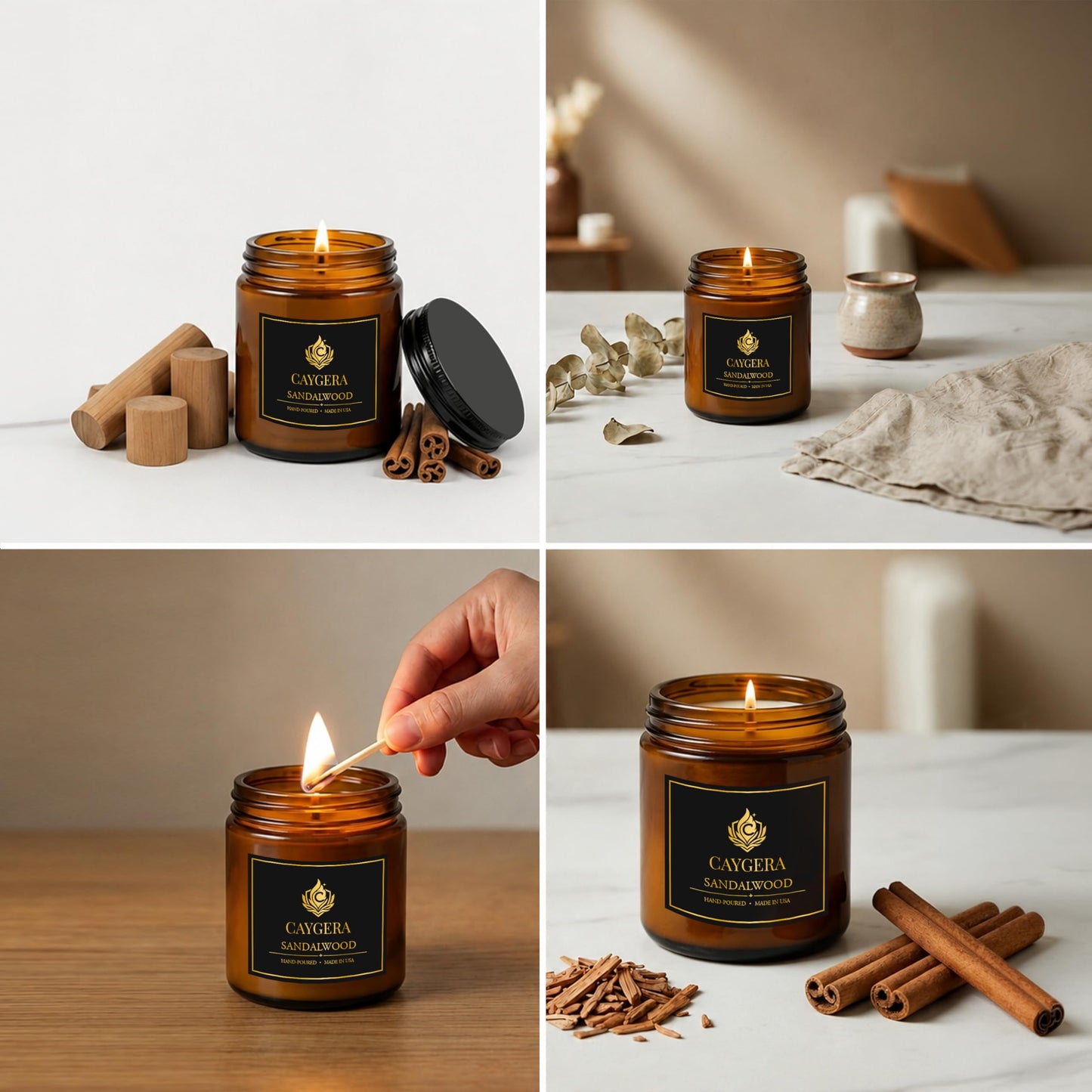 Hand-Poured Candle, Soy Wax Blend Scented Candle, Amber Glass Jar with Lid, Long Burn Time, Small Batch Handmade Home Fragrance Candle for Relaxation & Home Decor (9 Oz, Sandalwood)