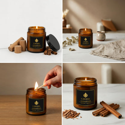 Hand-Poured Candle, Soy Wax Blend Scented Candle, Amber Glass Jar with Lid, Long Burn Time, Small Batch Handmade Home Fragrance Candle for Relaxation & Home Decor (9 Oz, Sandalwood)