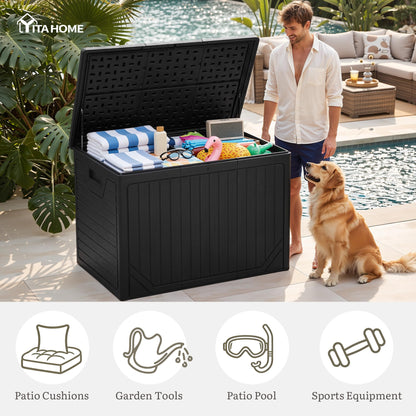 YITAHOME 230 Gallon Extra Large Outdoor Storage Box, Waterproof Double-Wall Deck Box with Hydraulic Piston for Garden Tools, Pool Accessories & Cushions, Resin Deck Organizer with Bench Seat(Black)