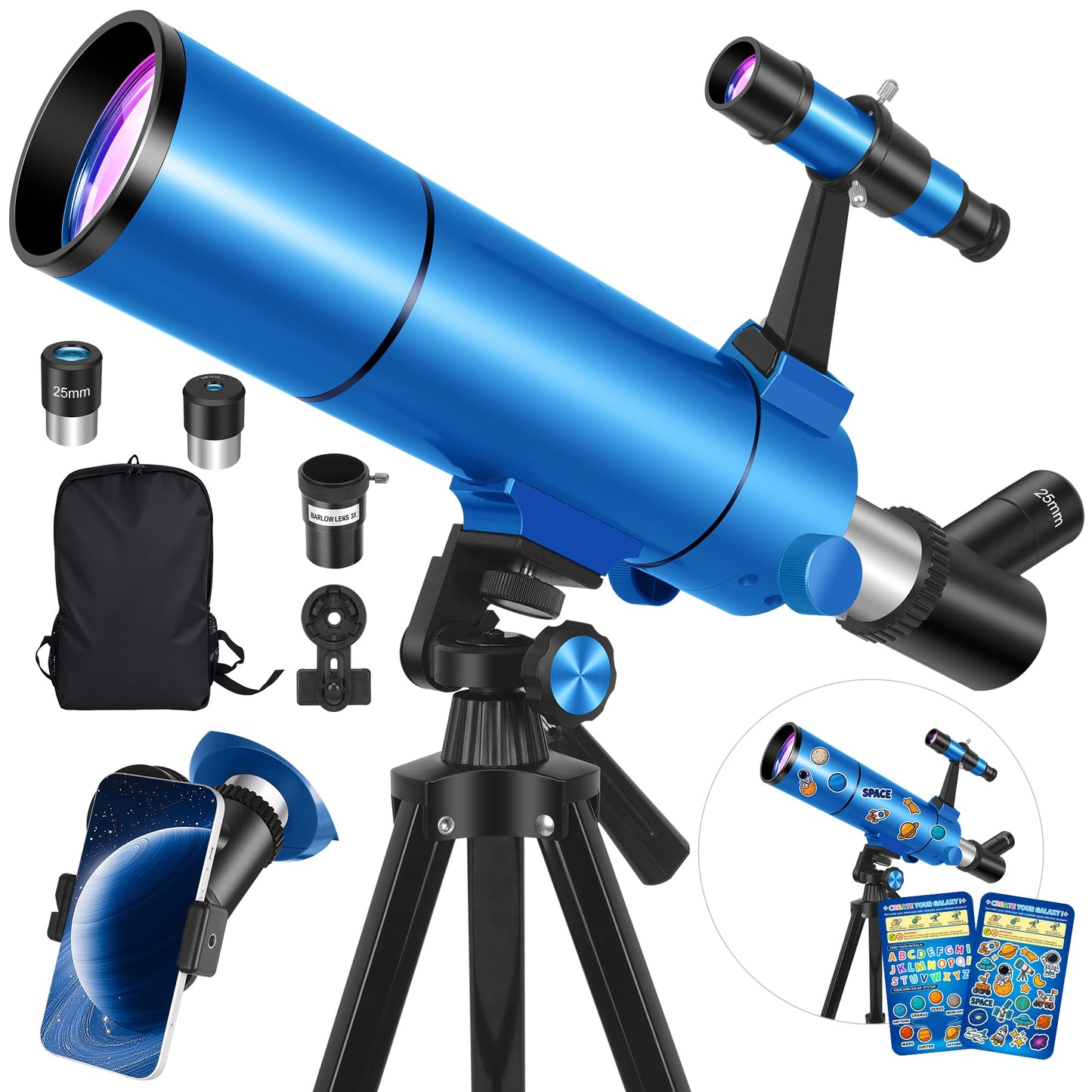 HUGERSTAR Telescope for Adults & Kids, 80mm Aperture 500mm (20X-150X) Professional Refractor Telescope for Astronomy Beginners, Portable Travel Telescopes with Tripod Phone Adapter, Stickers, Backpack