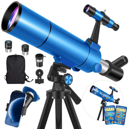 HUGERSTAR Telescope for Adults & Kids, 80mm Aperture 500mm (20X-150X) Professional Refractor Telescope for Astronomy Beginners, Portable Travel Telescopes with Tripod Phone Adapter, Stickers, Backpack