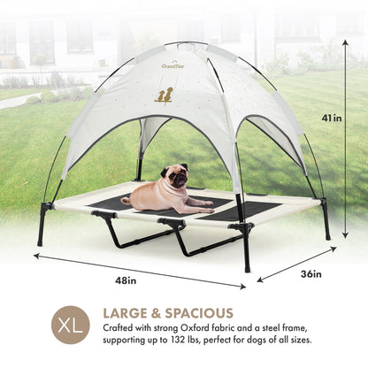 GrandTies Cooling Elevated Dog Bed with Canopy – XL Portable Pet Cot for Outdoor & Indoor Use – Waterproof Removable Shade, Breathable Mesh, Slip-Resistant Feet, Easy Assembly – Ivory White