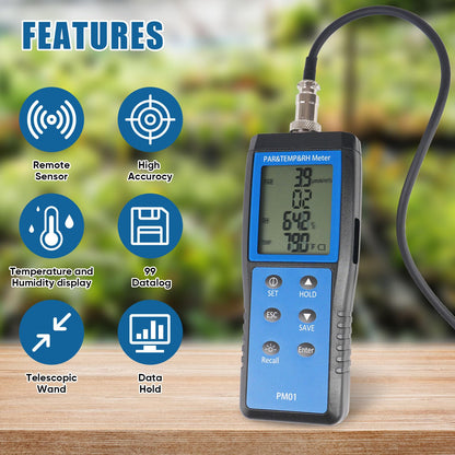 Quantum PAR Meter for LED Grow Lights, 400-700nm Wavelengths Range, Temperature and Humidity Display, PPFD Meter with 36 inch Telescopic Wand for Easy Testing in Tent, Room, Greenhouse