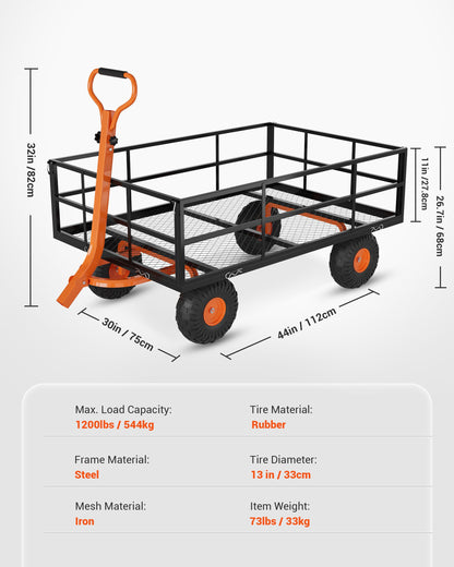 Heavy Duty Steel Garden Cart Wagon, 1200LBS Capacity Utility Trailer with Removable Mesh Sides, Convertible Flatbed for Lawn Mower, Yard Work, Soil, Mulch & Plant Transport