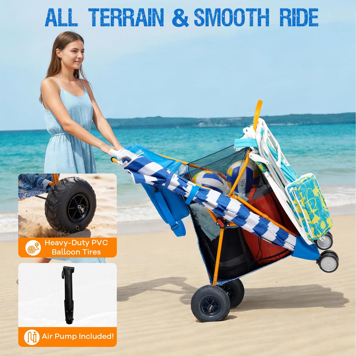 Old Bahama Bay Heavy Duty Beach Cart with 9” Balloon Wheels, All-Terrain Sand Wagon Replacement, Inflatable Big Wheels for Soft Sand, Foldable Beach Gear Carrier with Cooler & Umbrella Holder, 100lbs