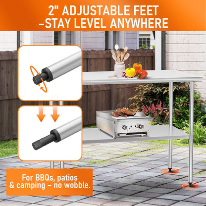 Stainless Steel Table for Food Prep & Work 24 x 48 inches Utility Table with Adjustable Undershelf, Commercial Workstation in Kitchen, Garage, Outdoor BBQ