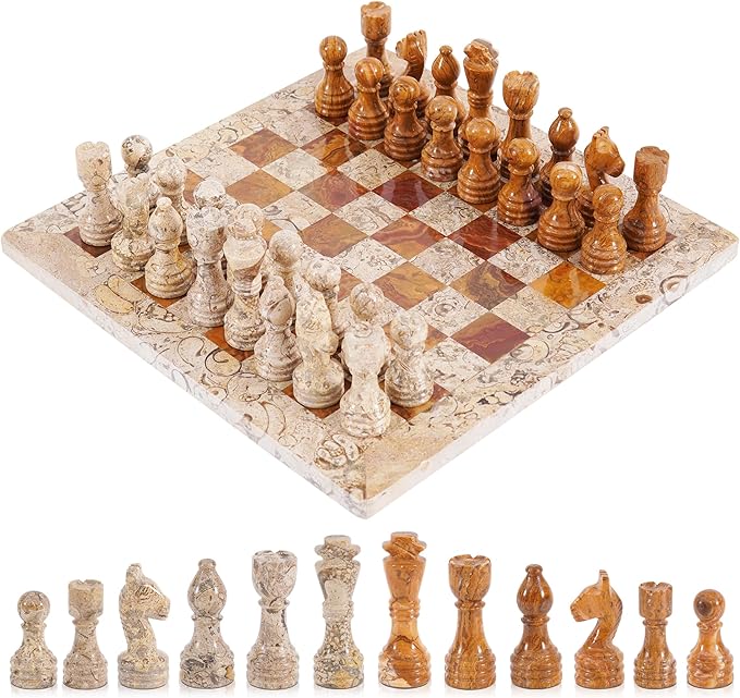 Radicaln Marble Chess Set 12'' Inches Coral and Red Handmade Classic Board Games for Adults Luxury Marble Chess Board &amp Pieces Modern Table Chess