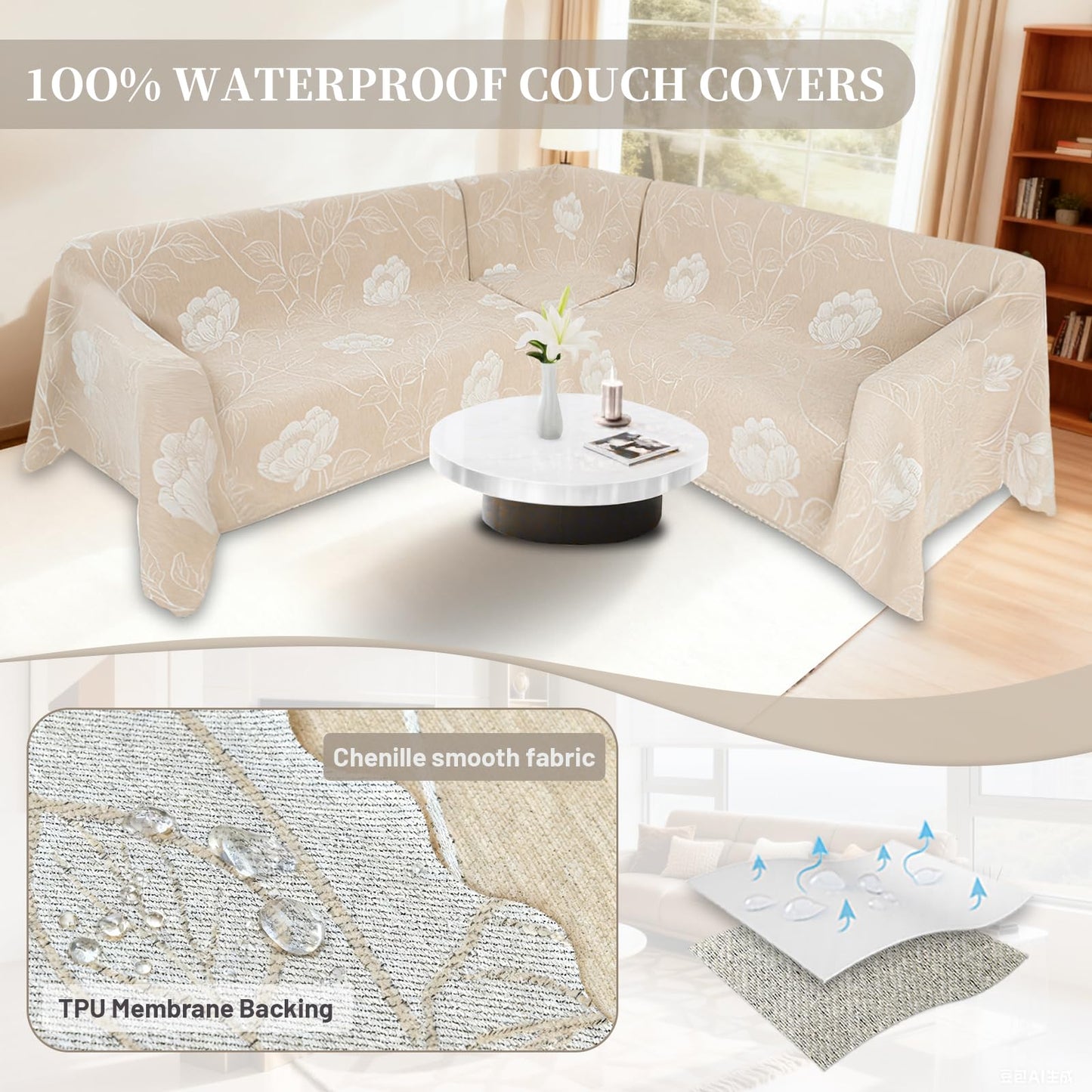 SYJOVIA 1OO% Waterproof Sectional Couch Covers for Dogs L Shaped Corner Sofa Cover Washable Chenille Sofa Slipcovers Blanket Modern Jacquard Pet Furniture Protector (91"x276", Beige Flower)