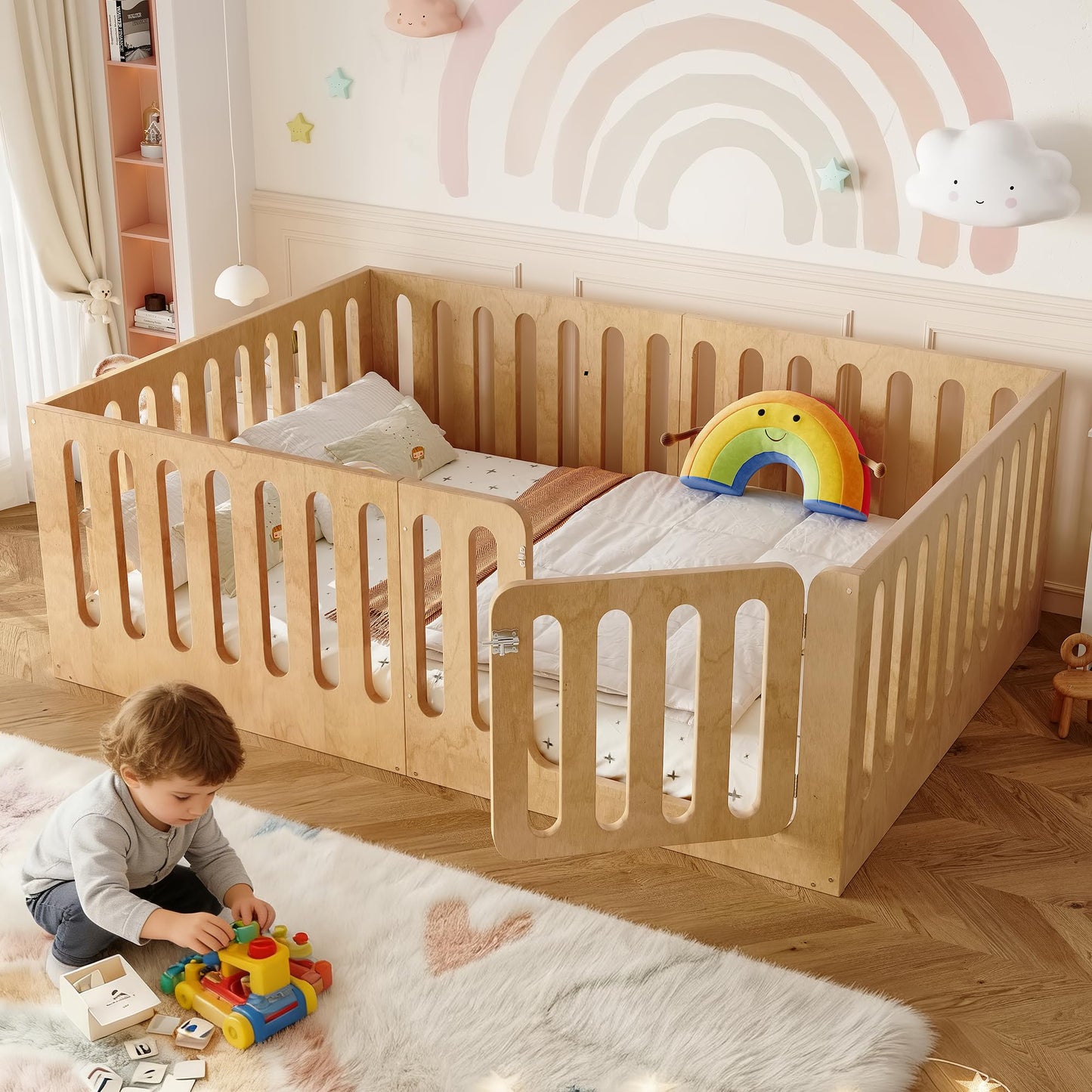 GDFStudio Full Size Montessori Floor Bed with Door, Solid Wood Kids Floor Bed Frame, Low Profile No Box Spring Needed, House Style Design, Sturdy Slats Support, Natural Finish, Easy Assembly