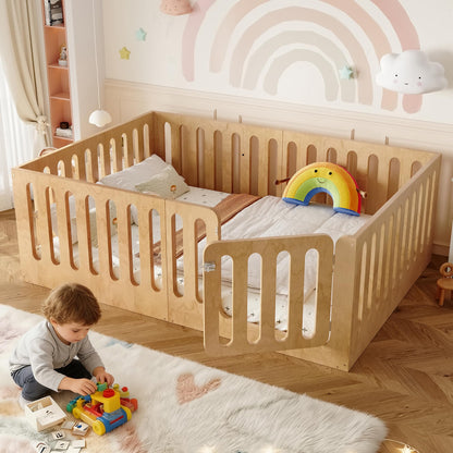 GDFStudio Full Size Montessori Floor Bed with Door, Solid Wood Kids Floor Bed Frame, Low Profile No Box Spring Needed, House Style Design, Sturdy Slats Support, Natural Finish, Easy Assembly