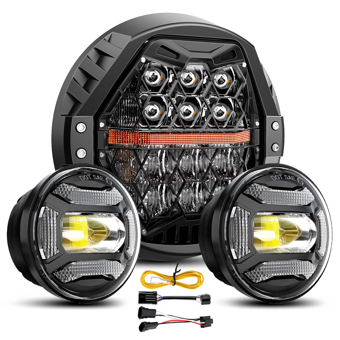 DOT Approved 1200% Bright 180W 7'' Motorcycles LED Headlight with 4.5'' LED Passing lights Compatible with Road King Road Glide Street Glide Electra Glide Ultra Limited Trike Heritage Softail Fat Boy