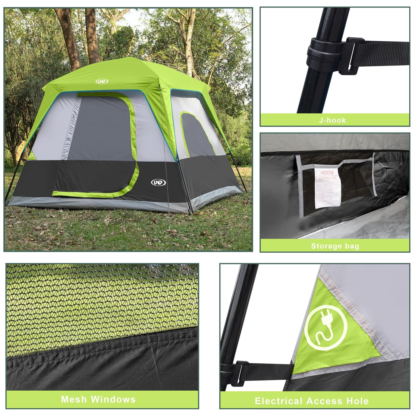 UNP 4-Person Tent, Portable Cabin Tent, Camping Tent 4-Person Easy Set Up, Waterproof with Top Rainfly for Outdoor Camping/Hiking (Fluorescent Green)