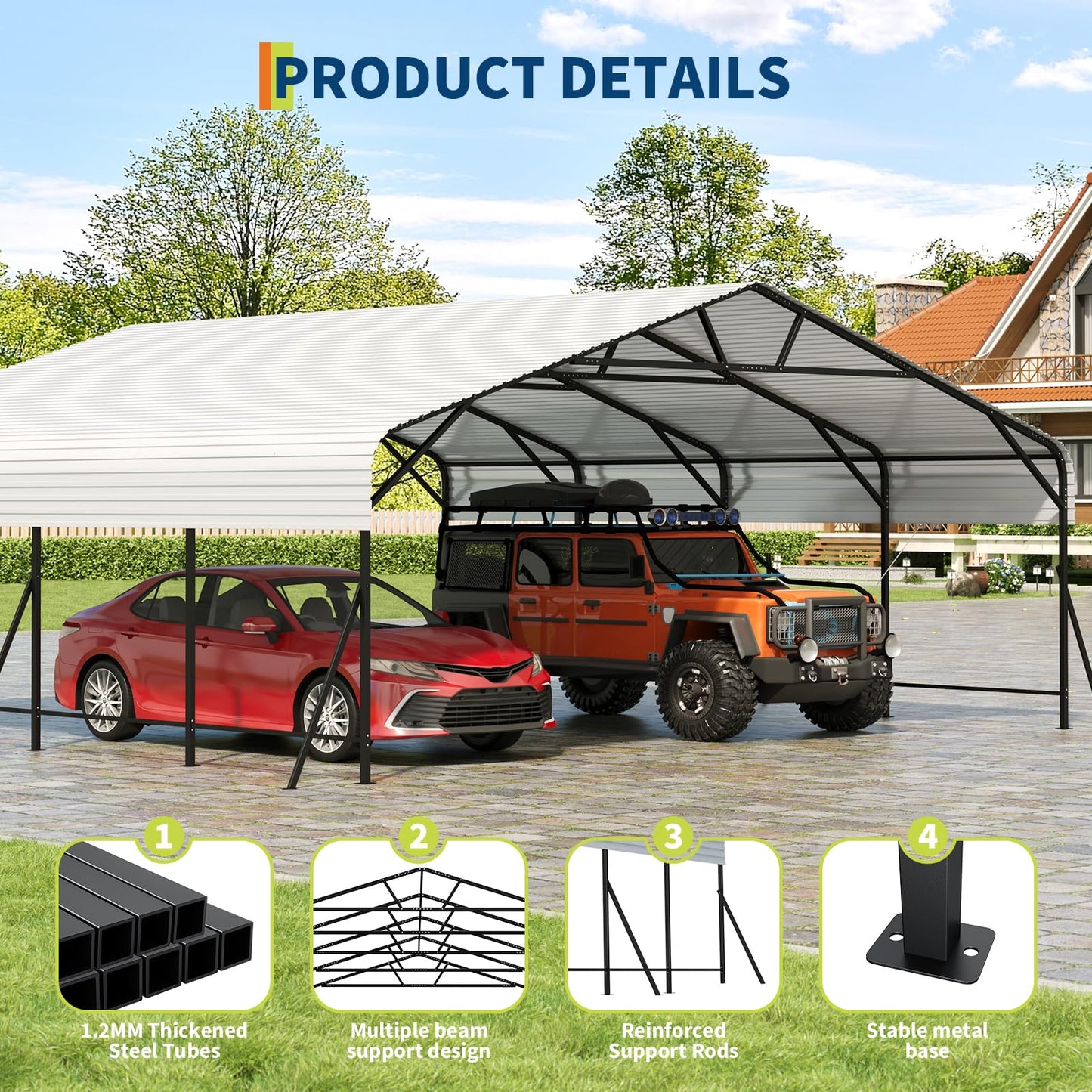 GarveeLife Metal Carport, Oversized Metal Garage with Steel Frame for All Weather, Heavy Duty Carports for Car, Boats and Tractor, 20x20x9FT