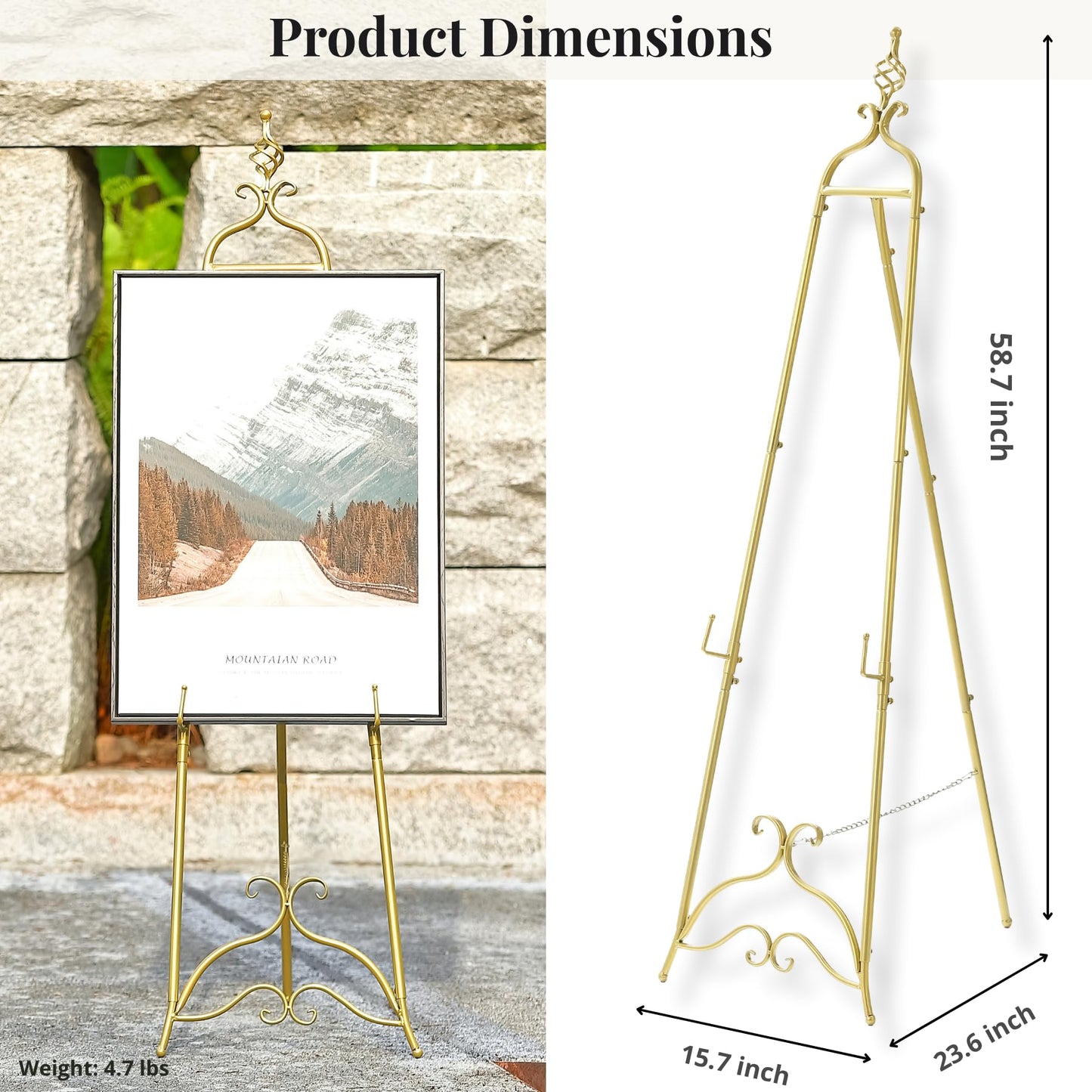 CaliDecor 58.5” H Gold Easel Stand for Sign, Large Adjustable Metal Display Standing for Displaying Pictures Wedding Poster Holder Showcasing with Chain Support