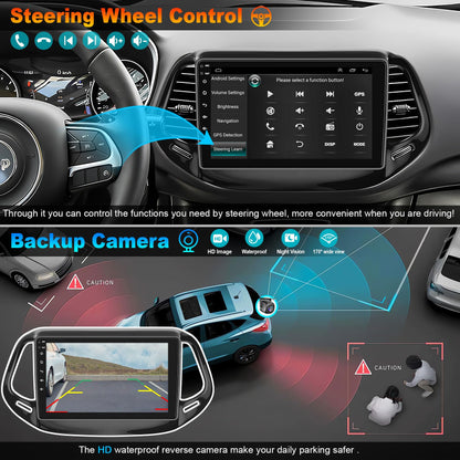 4G+64G Bluetooth Car Radio for Jeep Compass 2017-2020, 10 inch 5GWi-Fi 1280 * 800HD 32EQ Touch Screen Stereo with CarPlay Android Auto SWC +Backup Camera, GPS Navigation