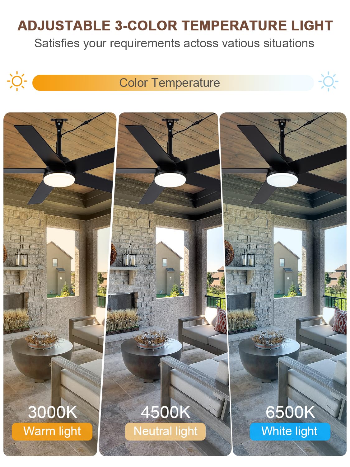 Bella Depot 48" Outdoor Ceiling Fan Black Waterproof Gazebo Fan with Light Smart App Remote Control Hanging Fan for Outside Patios Pergola Tent Plug-in Design Adjustable Brightness (48"- Black)